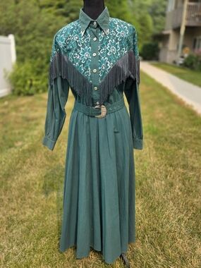 Vintage Lilia Smitty Fringe Western Maxi Dress Teal Belt Size 5/6